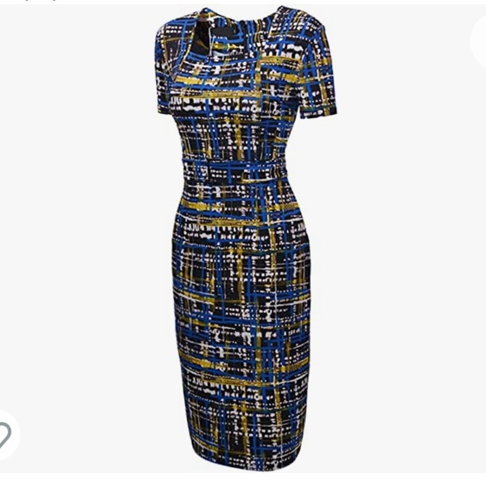 Square Neck Optical Illusion Business Pencil Midi Dress (XL)